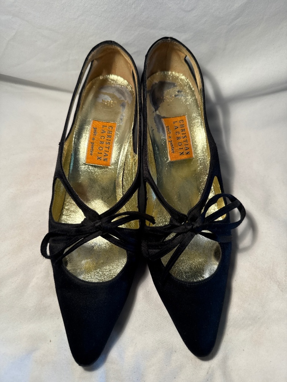 Vintage Christian Lacroix Prêt-à-Porter Black Satin Heels with Bow Tie Size 38.5